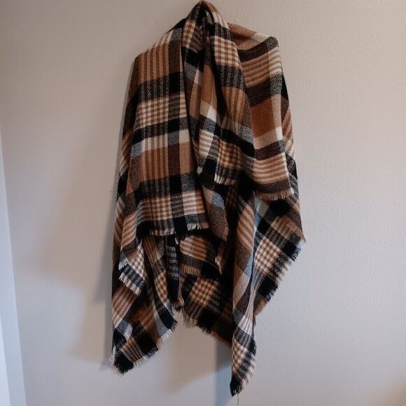 ModCloth Tan Black Brown Plaid Raw Fringe Blanket Scarft Women's Wrap - Picture 5 of 5